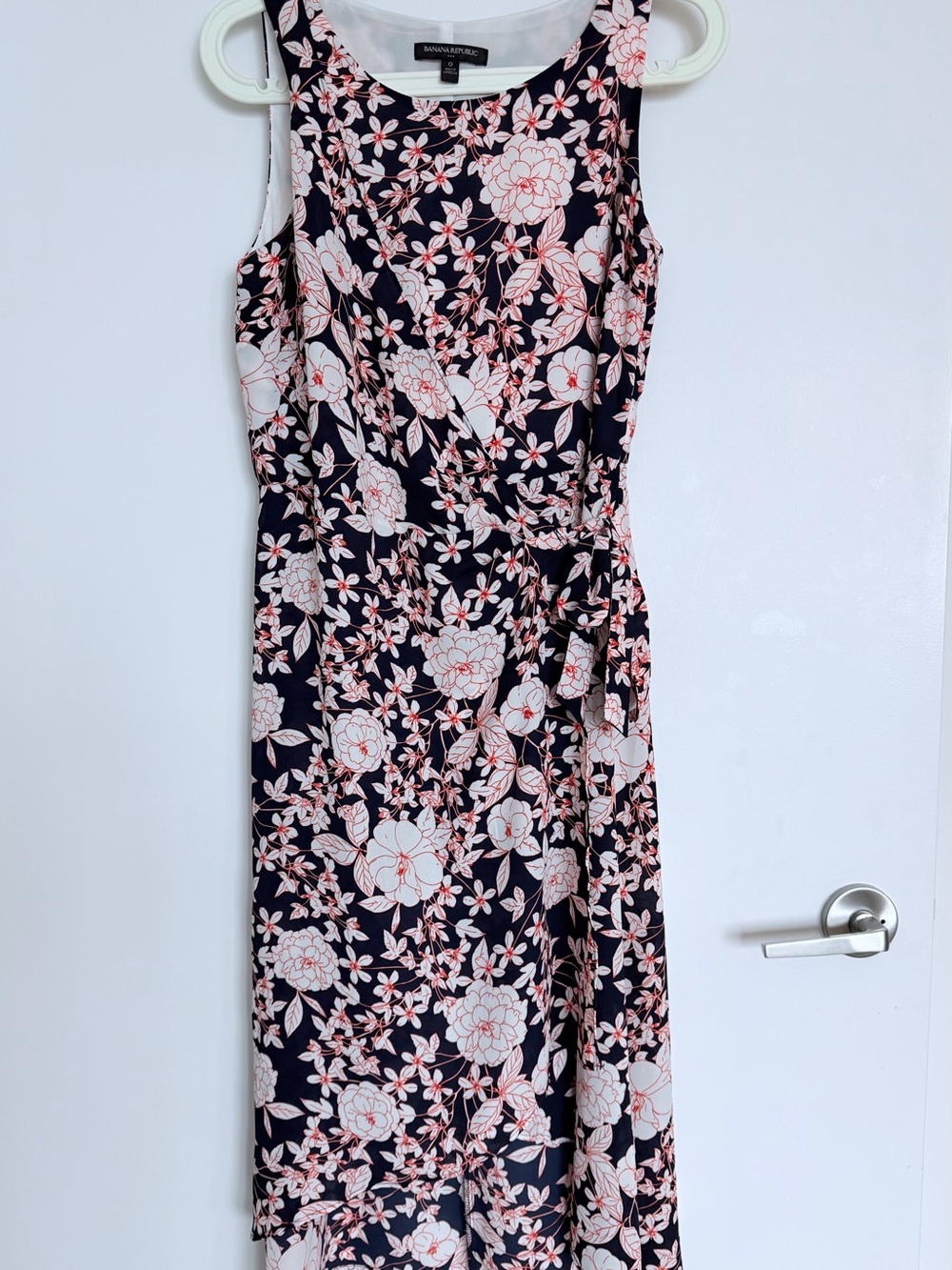 Banana Republic Navy Floral Sleeveless Wrap Midi Dress with Pink Accents